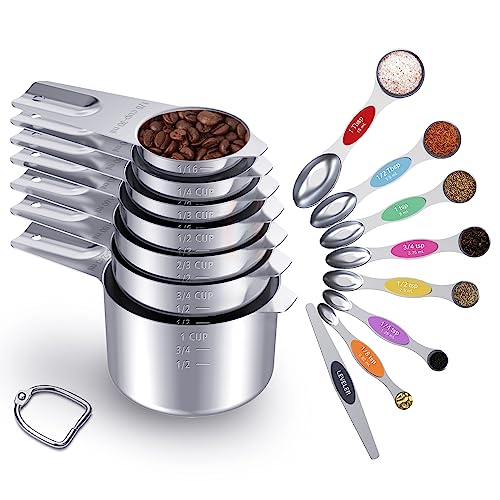 LIFETOWE Edelstahl-Messbecher und Löffel, Set mit 15 – inklusive 7 ineinander stapelbaren Metall-Messbechern, 8 magnetischen Messlöffel-Set – ideale Küchenhelfer zum Kochen und Backen von LIFETOWE