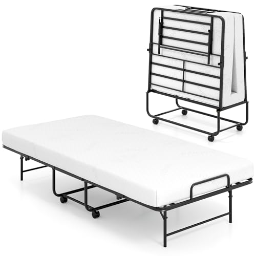 LIFEZEAL 190 x 90 cm Klappbett, Reisebett mit 10 cm Dicker Schaumstoff Matratze, Einzelbett mit 4 Rollen, Metallbett Gästebett mit Lattenrost aus Metall, Max. 220 kg von LIFEZEAL