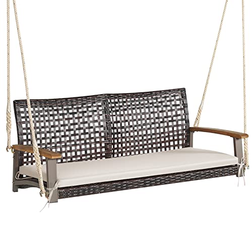 LIFEZEAL 2-Sitzer Rattan Hängeschaukel, Hängebank Gartenschaukel mit Sitzkissen, Doppelschaukel aus PE-Rattan mit Terrassenseile, Hollywoodschaukel mit Rückenlehne & Armlehnen aus Holz (Beige) von LIFEZEAL