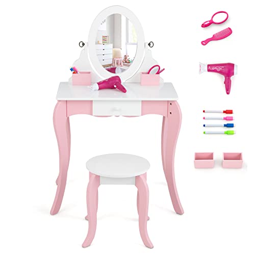 LIFEZEAL 2 in 1 Kinder Schminktisch, Kinderkosmetiktisch Set mit Abnehmbarer Spiegel & Whiteboard, Frisiertisch für Mädchen ab 3 Jahren, Frisierkommode Holz mit Schubladen von LIFEZEAL