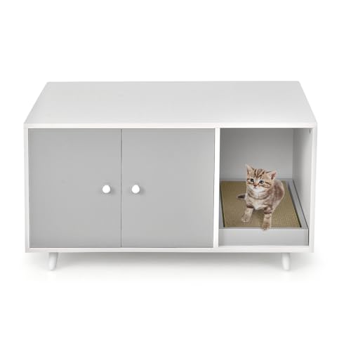 LIFEZEAL 2 in1 Katzenschrank mit Kratzbrett, Kaffeetisch mit Katzenhaus, Katzenhaus mit 2 Türen und hochgezogenen Beine, Katzenklo Katzentoilette Katzenhütte, Braun (Grau) von LIFEZEAL