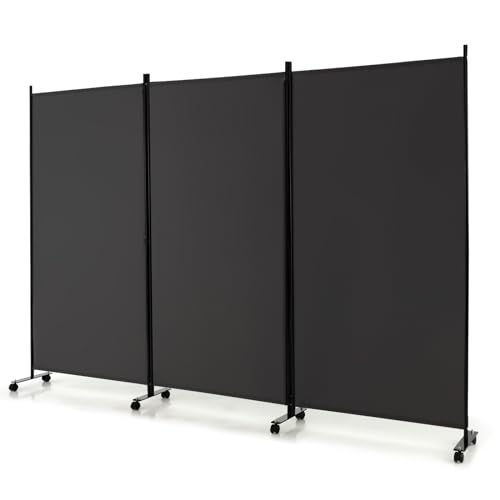 LIFEZEAL 3 Teilig Raumteiler Faltbar, Trennwand mit Rollen, Raumteiler Stehend aus Metallrahmen, Paravent Stellwand für Wohnzimmer & Esszimmer (Dunkelgrau, 262 x 180 cm) von LIFEZEAL