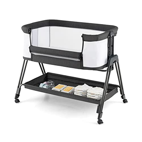 LIFEZEAL 3 in 1 Beistellbett Baby, Babybett mit Atmungsaktivem Netz, Aufbewahrungskorb, Höhenverstellbarer Baby Zustellbett, Tragbare Reisebett für Baby 0-6 Monaten, Reisebett Baby mit Matratze von LIFEZEAL