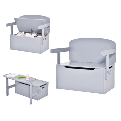 LIFEZEAL 3 in 1 Kinderbank, Holz Kindersitzbank mit Stauraum & Armlehenen, Sitztruhe Kinder inkl. Schreibtisch, Spielzeugtruhe Spielzeugkiste geeignet für Kinder von 3 bis 7 Jahren (Grau) von LIFEZEAL