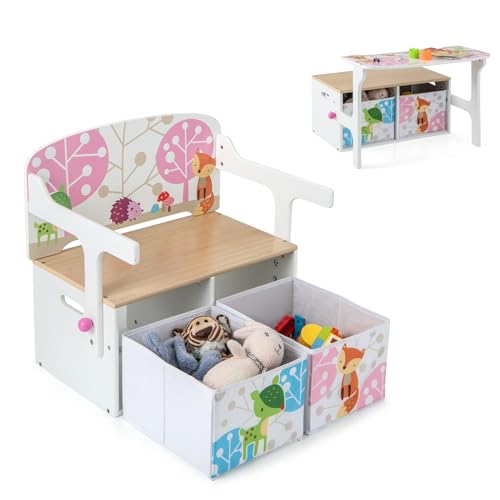 LIFEZEAL 3 in 1 Kinderbank, Holz Kindersitzbank mit Stauraum & Armlehenen, Sitztruhe Kinder inkl. Schreibtisch, Spielzeugtruhe Spielzeugkiste geeignet für Kinder von 3 bis 7 Jahren (Rosa) von LIFEZEAL
