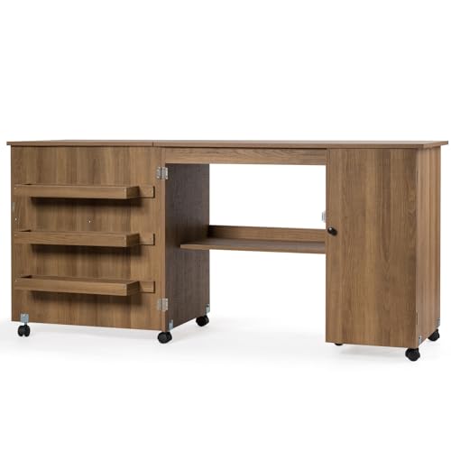 LIFEZEAL 3 in 1 Nähmaschinenschrank, Klappbarer Nähtisch auf 6 Rollen, Mobiler Nähschrank mit Ablage & 3 Regale, Computertisch für Zuhause&Büro, 158,5 x 50 x 74 cm (Braun) von LIFEZEAL