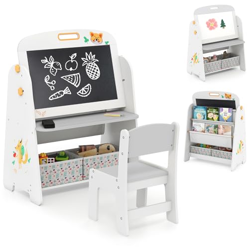 LIFEZEAL 4 in 1 Kinder Staffelei Set, Multifunktionaler Aktivitätstisch mit Magnetischer Kreidetafel, Weißtafel, Spieltafel mit Stauraum für Kleinkinder von 1 bis 5 Jahren (Grau) von LIFEZEAL