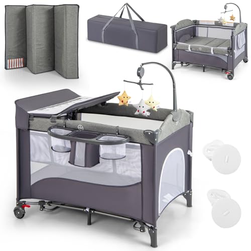 LIFEZEAL 5 in 1 Faltbares Babybett, Atmungsaktives Beistellbett für Baby 0-3 Jahre mit Matratze und Tragetasche, Reisebett mit Wickeltisch und Gurt (Blaugrün) von LIFEZEAL