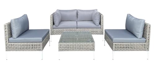 LIFEZEAL 5-teiliges Gartenmöbel-Set Rattan, Garten Sitzgruppr mit Couchtisch Glas, Sitzkissen und Rückenlehnen, Gartengarnitur Outdoor mit Metallstruktur für Terrasse, Patio von LIFEZEAL