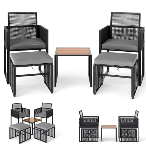 LIFEZEAL 5er Set Rattan Gartenmöbel Set, Balkonmöbel inkl. 2 Gartensessel mit Hockern und Couchtisch, Lounge-Set mit abnehmbaren Kissen, Terrassenmöbel Gartengarnitur Sitzgruppe Outdoor von LIFEZEAL