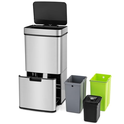 LIFEZEAL 72L Mülleimer, Mülltrennsysteme für Mülltrennung mit 4 Fächern, Edelstahl Bin mit Sensor, Abfalleimer Müllsammler Innenbereich für Küche, Silber von LIFEZEAL
