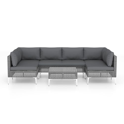 LIFEZEAL 7er Gartenmöbel Lounge Set, Rattan Terassenmöbel für Außenbereich, Outdoor Sitzgruppe mit Beistelltisch & Kissen für 6-8 Personen, Gartenlounge für Garten, Terrasse und Balkon (Grau) von LIFEZEAL