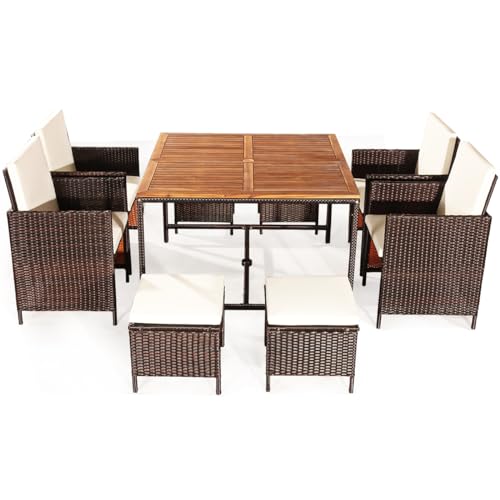 LIFEZEAL 9 TLG. Gartenmöbel Set, Polyrattan Garten Sitzgruppe mit Sitzkissen, Rattan Essgruppe mit Tisch, Sessel & Hocker, Balkonmöbel Set für 8 Personen von LIFEZEAL