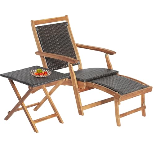 LIFEZEAL Akazienholz Sonnenliege mit Klapptisch, Rattan Liegestuhl mit Armlehnen, Gartenliege Deckchair mit ausziehbaren Fußpedalen, Balkonliege für Garten Terrasse Balkon, Schwarz+Natur von LIFEZEAL