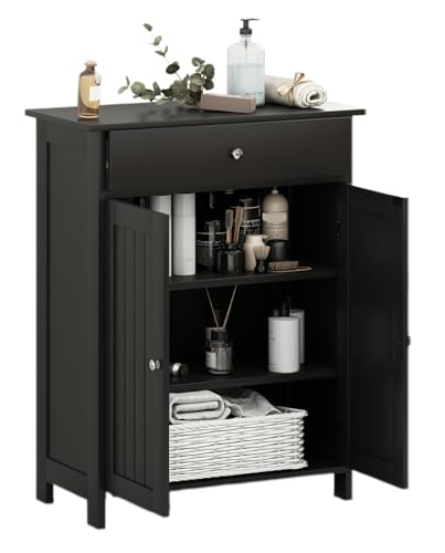 LIFEZEAL Badezimmerschrank, Badschrank mit Schublade und 2 Türen, Badkommode mit höhenverstellbaren Einlegeböden, Freistehender Aufbewahrungsschrank (Schwarz) von LIFEZEAL