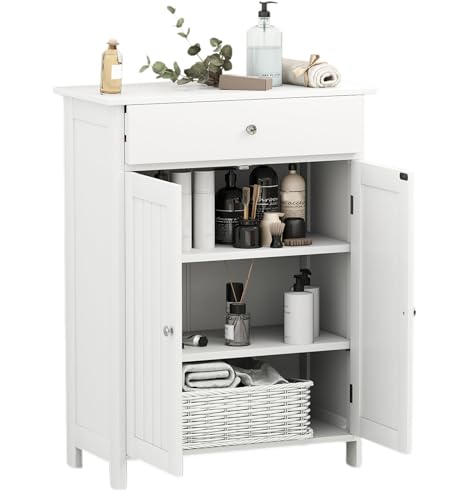 LIFEZEAL Badezimmerschrank, Badschrank mit Schublade und 2 Türen, Badkommode mit höhenverstellbaren Einlegeböden, Freistehender Aufbewahrungsschrank (Weiß) von LIFEZEAL