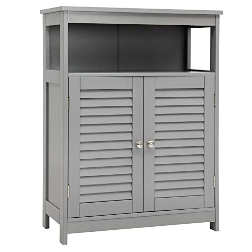 LIFEZEAL Badezimmerschrank, Badschrank mit Türen & Ablageregalen, Badezimmermöbel, Badkommode für Küche, Schlafzimmer, Wohnzimmer, Flurschrank im Landhaus, 59 x 30 x 85 cm, Weiß (grau) von LIFEZEAL