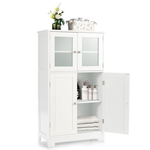 LIFEZEAL Badezimmerschrank, Badschrank mit Verstellbaren Regalen, Badkommode mit Doppeltür aus Glas, Aufbewahrungsschrank aus Holz, Multifunktionaler Seitenschrank für Küche, 30 x 60 x 109 cm (Weiß) von LIFEZEAL