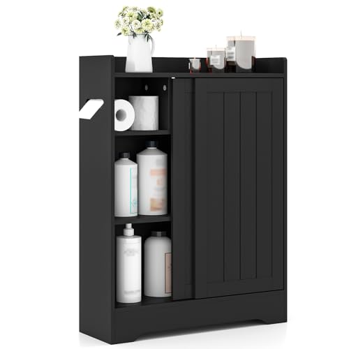 LIFEZEAL Badezimmerschrank, Badschrank platzsparend mit 2 Schiebetüren, Aufbewahrungsschrank mit verstellbaren Regalen, Organizer neben der Toilette für Bad, Wohnzimmer, 60 x 20 x 80 cm (Schwarz) von LIFEZEAL