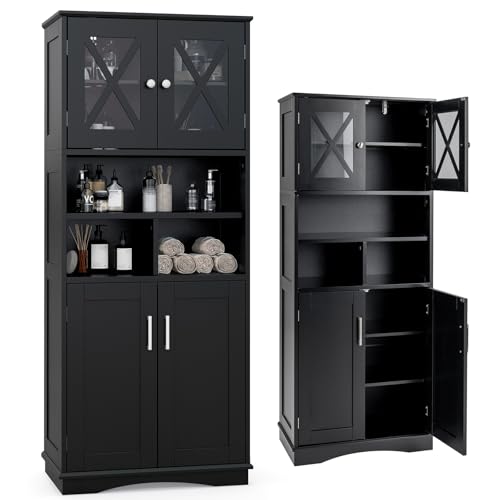 LIFEZEAL Badezimmerschrank Hoch, Freistehender Badschrank mit 4 Türen, Hochschrank mit verstellbaren Regalen, Küchenschrank Organizer für Küche, Bad, Wohnzimmer, 60 x 30 x 145 cm (Schwarz) von LIFEZEAL
