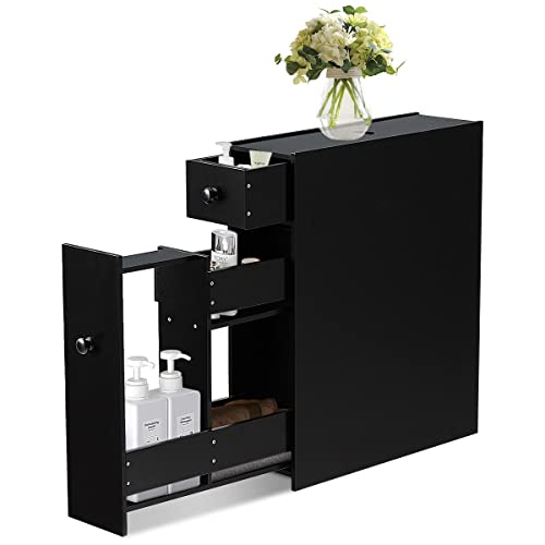 LIFEZEAL Badezimmerschrank klein, Nischenschrank Bad mit 2 Schubladen, Platzsparendes Nischenregal, Badschrank Standschrank schmal für kleine Räume, 48 x 16 x 58 cm (Black) von LIFEZEAL