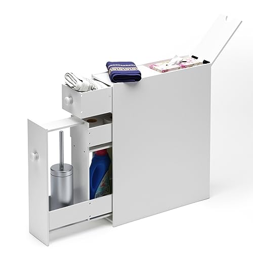 LIFEZEAL Badezimmerschrank klein, Nischenschrank Bad mit 2 Schubladen, Platzsparendes Nischenregal, Badschrank Standschrank schmal für kleine Räume, 48 x 16 x 58 cm (White) von LIFEZEAL