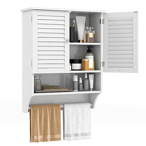 LIFEZEAL Badezimmerschrank mit Handtuchhalter, Hängeschrank Badschrank Holz mit Verstellbarer Ablage, Wandschrank Küchenschrank 60 x 22 x 75 cm (Weiß) von LIFEZEAL