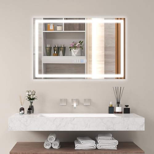 LIFEZEAL Badspiegel mit Beleuchtung & Zeitanzeige, Badezimmer Spiegel Wandspiegel mit dimmbarer 3000-6000K Beleuchtung, LED-Spiegel mit Touch-Schalter, Memory-Funktion, für Badezimmer, WC (60 x 40 cm) von LIFEZEAL