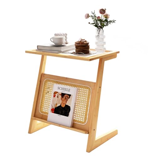 LIFEZEAL Beistelltisch Bambus, Glastisch Rattan mit Z-Regal, Wohnzimmertisch Glas mit Zeitschriftenhalter, Sofatisch Kaffeetisch für Wohnzimmer, Schlafzimmer, 51,5 x 37 x 58 cm, Natur von LIFEZEAL