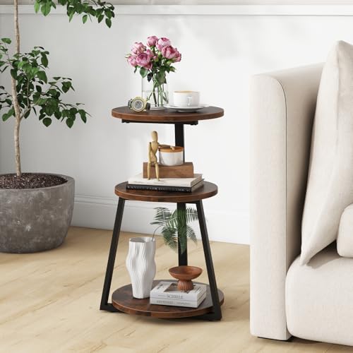 LIFEZEAL Beistelltisch mit 3 Ebenen, Industrieller Sofatisch mit Metallrahmen, Wohnzimmertisch mit verstellbaren Fußstützen, Kleiner Tisch für Schlafzimmer, Wohnzimmer, Rustikales Braun (1) von LIFEZEAL