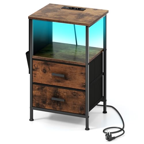 LIFEZEAL Beistelltisch mit Ladestation, Nachttisch mit 2 Schubladen aus Stoff, faltbar, schmaler Tisch mit 6 Seitentaschen und anpassbaren LED-Lichtern, für Sofa, Schlafzimmer (1) von LIFEZEAL