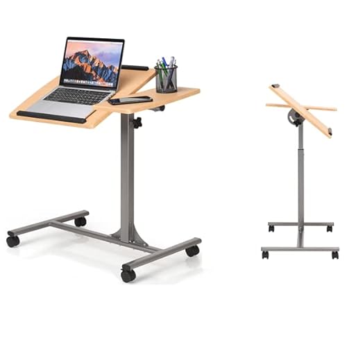 LIFEZEAL Beweglicher Stehtisch mit 4 Rollen, Höhenverstellbarer Laptoptisch, Ergonomischer Notebooktisch, Schreibtisch mit Winkeleinstellbarer Tischplatte, Überbett-Tisch für Wohnzimmer (Walnuss) von LIFEZEAL