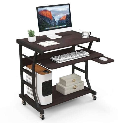 LIFEZEAL Computer-Schreibtisch mit Rollen, 75 cm, mobiler Computertisch für kleine Räume, Tisch mit Ablage für Tastatur und Maus, Ablage unten, Dunkelbraun von LIFEZEAL