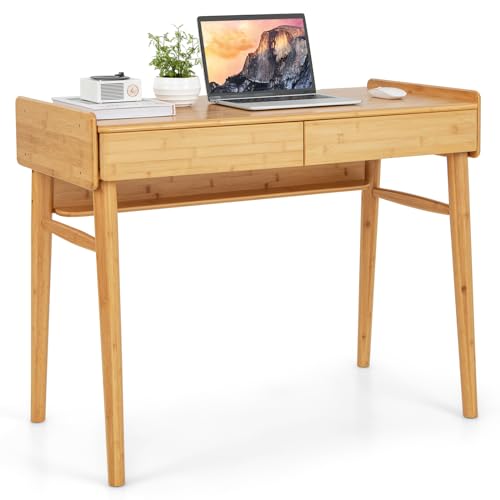 LIFEZEAL Arbeitstisch Bambus, Schreibtisch Computertisch mit 2 Schubladen, Lerntisch mit Aufbewahrung, Bürotisch für Home & Office, 100 x 50 x 78 cm, Natur von LIFEZEAL