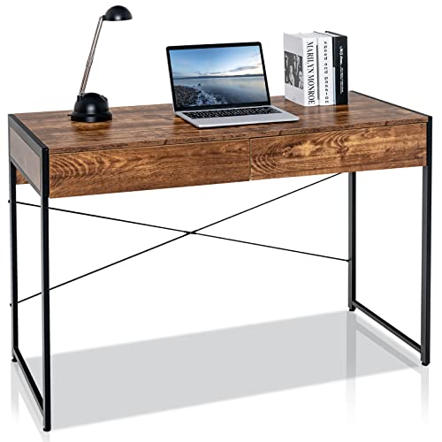 LIFEZEAL Computertisch mit 2 Schubladen, Schreibtisch Bürotisch aus Holz und Metall, PC Tisch im Industriestil, für Büro, Wohnzimmer, Schlafzimmer von LIFEZEAL