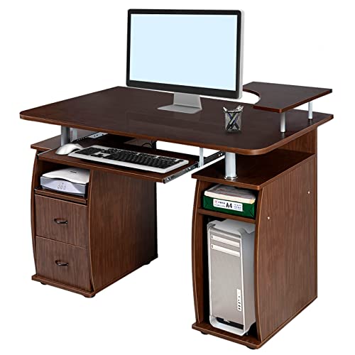 LIFEZEAL Computertisch mit Tastaturauszug und Druckerablage, Bürotisch Schreibtisch mit Schubladen und Stauraum, 120x55x85cm PC Tisch für Homeoffice Arbeitszimmer Büro (Nussbaum) von LIFEZEAL