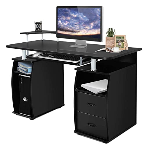 LIFEZEAL Computertisch mit Tastaturauszug und Druckerablage, Bürotisch Schreibtisch mit Schubladen und Stauraum, 120x55x85cm PC Tisch für Homeoffice Arbeitszimmer Büro (Schwarz) von LIFEZEAL