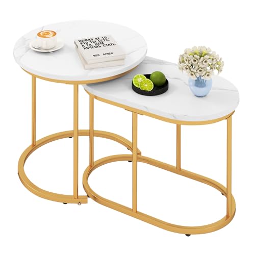 LIFEZEAL Couchtisch 2er Set, Moderner Satztische Marmor Optik, Beistelltisch mit goldenem Metallrahmen, Runder Sofatisch Kaffeetisch für Wohnzimmer, Schlafzimmer & Büro, Gold & Weiß von LIFEZEAL