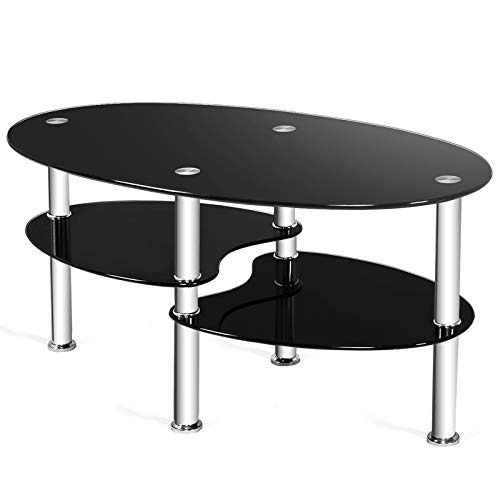LIFEZEAL Couchtisch Glas, Glastisch 3 Ebenen, Wohnzimmertisch oval mit Metallgestell, Kaffeetisch Sofatisch für Wohnzimmer & Büro, Modernes Design 90x50x45cm (Schwarz) von LIFEZEAL