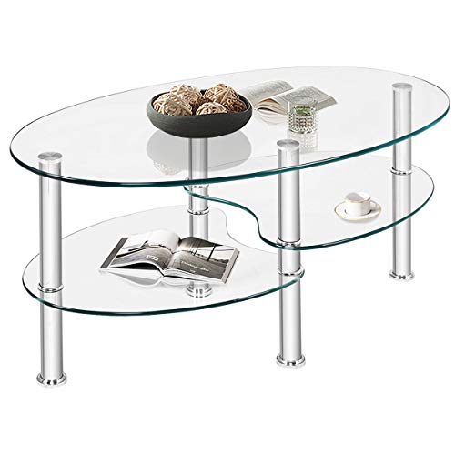 LIFEZEAL Couchtisch Glas, Glastisch 3 Ebenen, Wohnzimmertisch oval mit Metallgestell, Kaffeetisch Sofatisch für Wohnzimmer & Büro, Modernes Design 90x50x45cm (Transparent) von LIFEZEAL