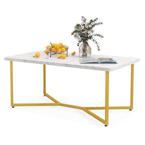 LIFEZEAL Couchtisch Marmor Gold, Rechteckiger Wohnzimmertisch mit Metallrahmen, Moderner Kaffeetisch mit verstellbaren Fußpolstern, Sofatisch für Wohnzimmer Büro, 107 x 60 x 45,5 cm von LIFEZEAL