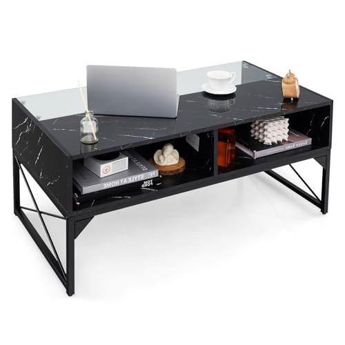 LIFEZEAL Couchtisch mit LED, Wohnzimmertisch Hochglanz mit Stauraum, Sofatisch Glas mit Marmor Optik, Moderner Glatisch mit verstellbaren Farben, 105 x 55 x 50 cm (Schwarz) von LIFEZEAL