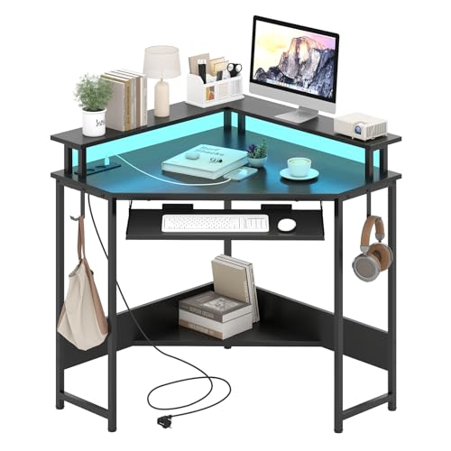LIFEZEAL Eckschreibtisch LED, Gaming-Tisch Schreibtisch mit Fernbedienung, Monitor- und Tastaturständer, Computertisch mit Steckdosen, USB-Anschlüssen & Typ-C-Ladeanschluss (Schwarz) von LIFEZEAL