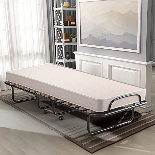 LIFEZEAL Klappbett, Klappbares Gästebett im Metallrahmen, Faltbares Einzelbett mit Matratze aus Memory Foam, Erwachsene Metallbett auf 4 Rädern (190 x 80 x 39 cm, Beige) von LIFEZEAL
