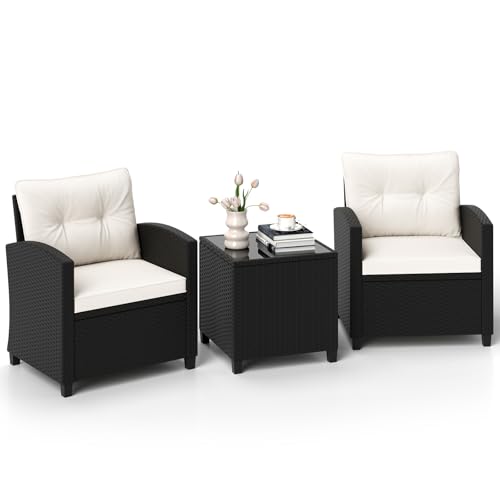 LIFEZEAL Gartenmöbel 3er Set, 2 Rattanstühle & Gartentisch aus PE-Rattan, Sofas & Couchtisch aus gehärtetem Glas, Sitzgruppe mit abnehmbaren Kissen für den Terrassen, Balkon, Garten (Weiß+Schwarz) von LIFEZEAL