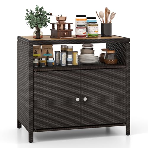 LIFEZEAL Gartenschrank Rattan, Aufbewahrungsschrank Geräteschrank mit breiter Akazienholzoberfläche, Küchenschrank für Küche, Garten Terrasse und Patio, 90 x 53 x 86 cm (Braun) von LIFEZEAL