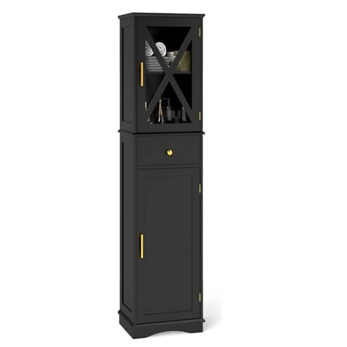 LIFEZEAL Hochschrank, Freistehendes Badezimmerschrank mit 2 Schubladen & Türen, Badschrank mit verstellbarem Regal, Bodenschrank für Badezimmer, Wohnzimmer, Küche (Schwarz) von LIFEZEAL