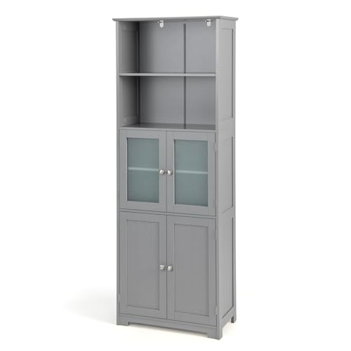 LIFEZEAL Hochschrank, freistehender Bodenschrank mit 2 Türen, Schrank mit verstellbaren Regalen, Organizer mit Türen aus gehärtetem Glas, für Badezimmer, Küche, Wohnzimmer (Grau) von LIFEZEAL