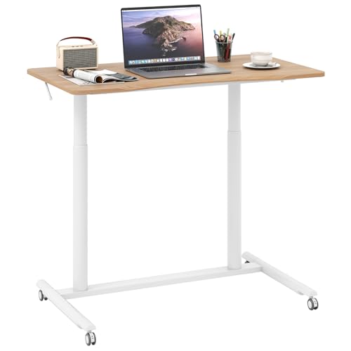 LIFEZEAL Höhenverstellbarer Schreibtisch, Mobiler Laptoptisch, PC Tisch mit verstellbarem Griff, Betttisch C-Form zum Sitzen und Stehen, 95 x 52 x 70-106 cm (Natur+Weiß) von LIFEZEAL