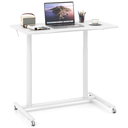LIFEZEAL Höhenverstellbarer Schreibtisch, Mobiler Laptoptisch, PC Tisch mit verstellbarem Griff, Betttisch C-Form zum Sitzen und Stehen, 95 x 52 x 70-106 cm (Weiß) von LIFEZEAL